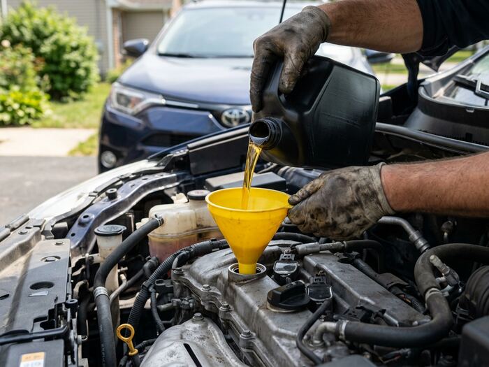 Technician pouring fresh oil into a car engine during a mobile oil change