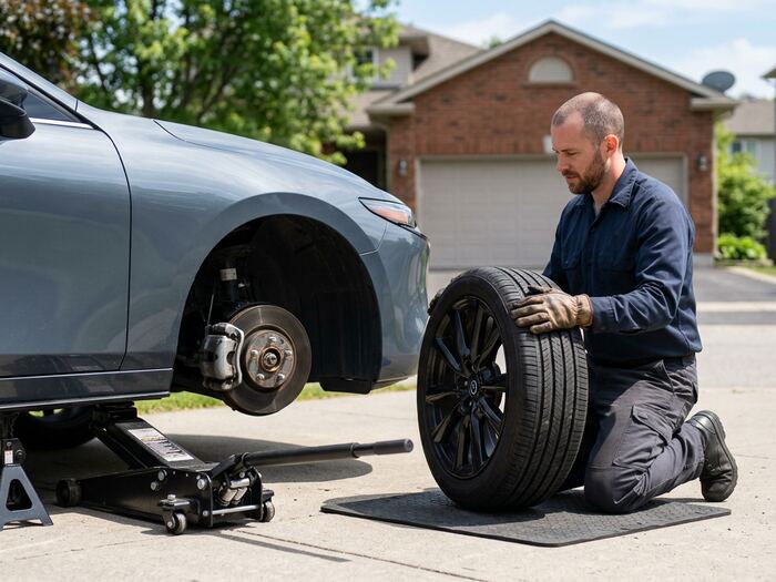 Technician rotating a tire on a car raised on a jack in a driveway